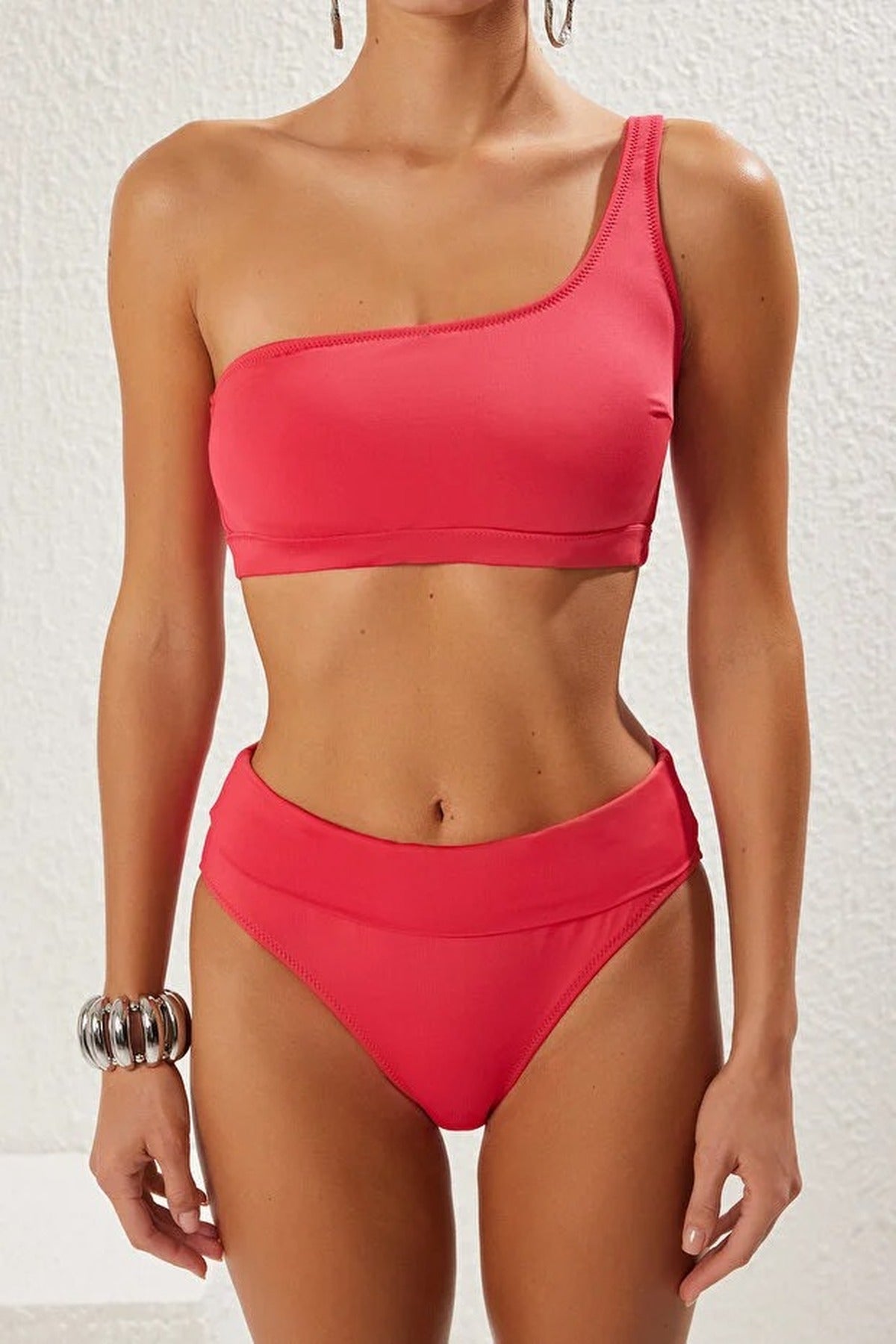 One-Shoulder Covered Hipster High-Waisted Bikini Set
