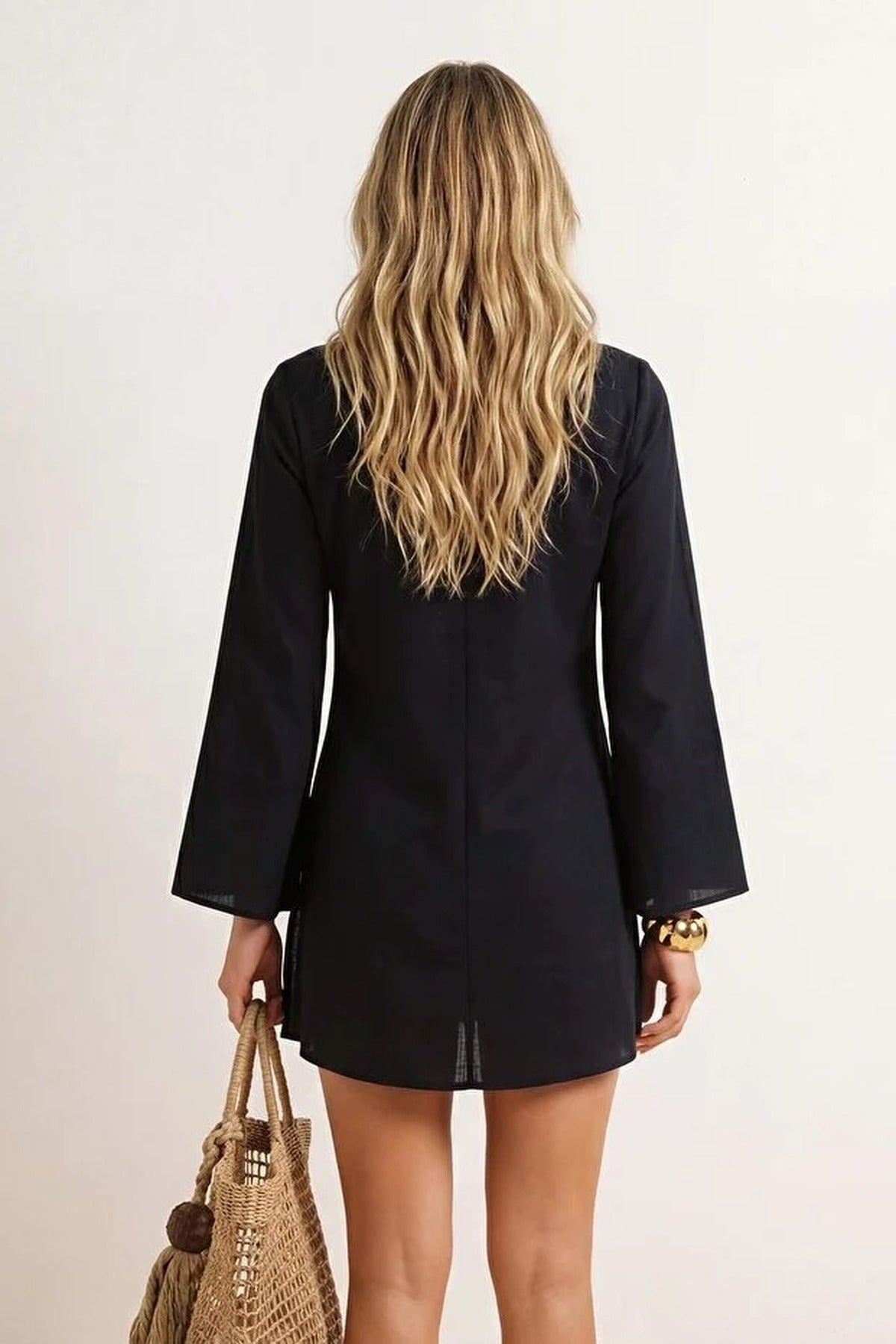 V Neck Long Sleeve Accessory Detail Beach Mini Dress