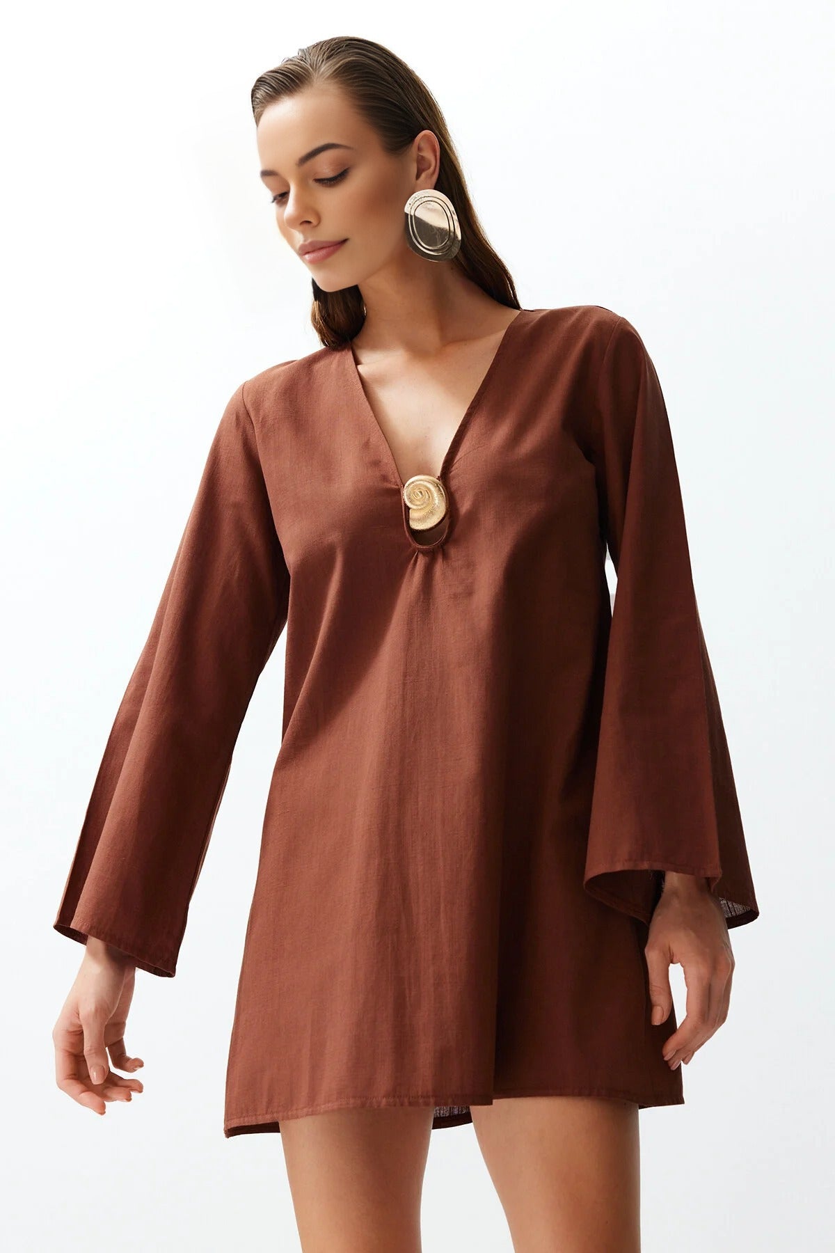 V Neck Long Sleeve Accessory Detail Beach Mini Dress