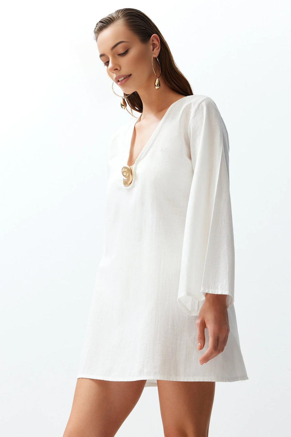V Neck Long Sleeve Accessory Detail Beach Mini Dress