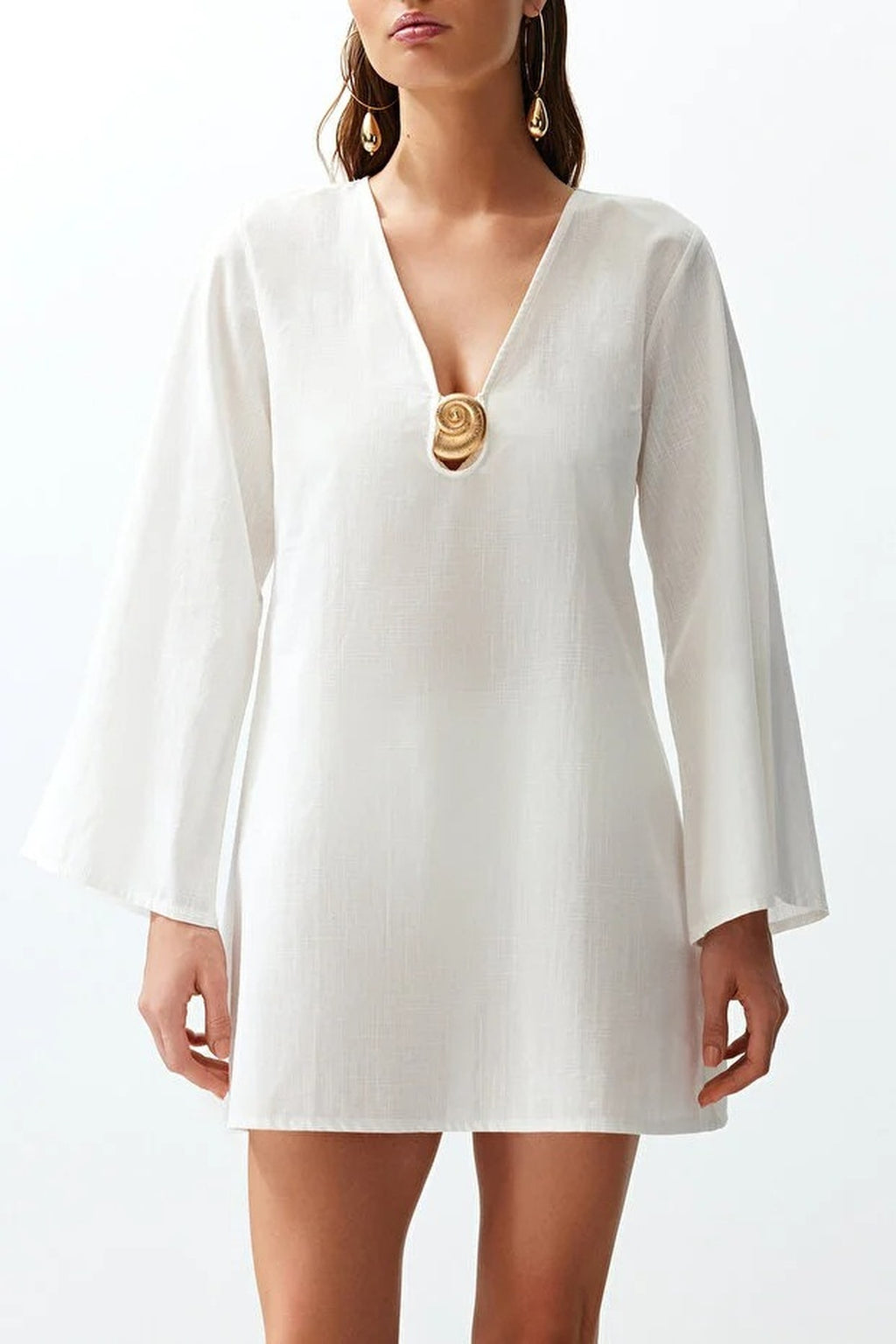 V Neck Long Sleeve Accessory Detail Beach Mini Dress