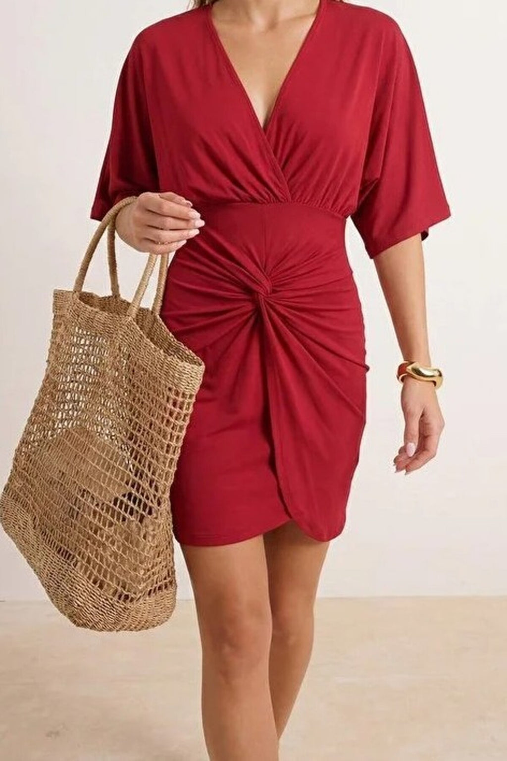 Fitted Mini Knitted Ruched Beach Dress