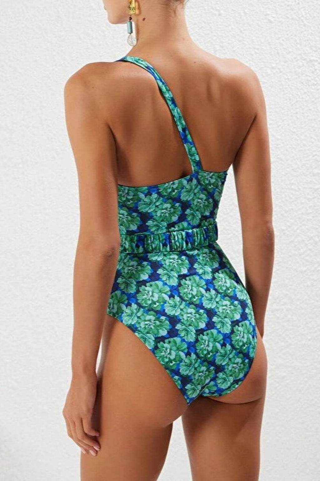 Patterned One-Shoulder Padded Regular Swimsuit with Accessories