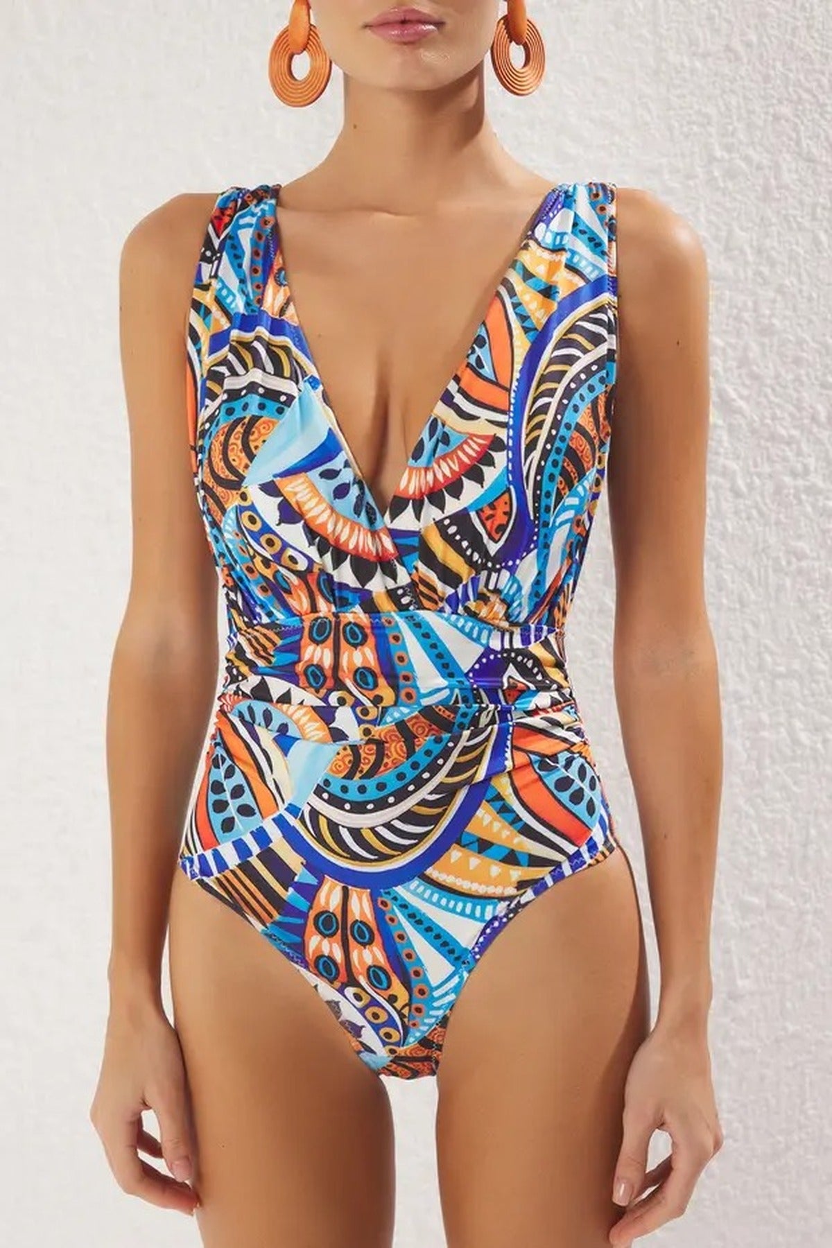 Draped Deep V-Neck Padded Regular Swimsuit