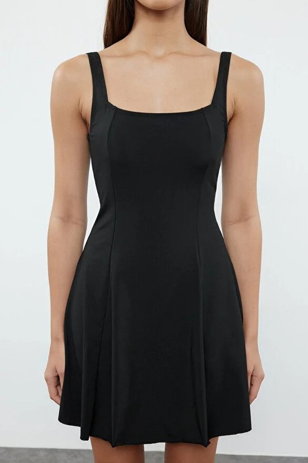 Plain Square Neck Covered Basic Skirt Swimsuit