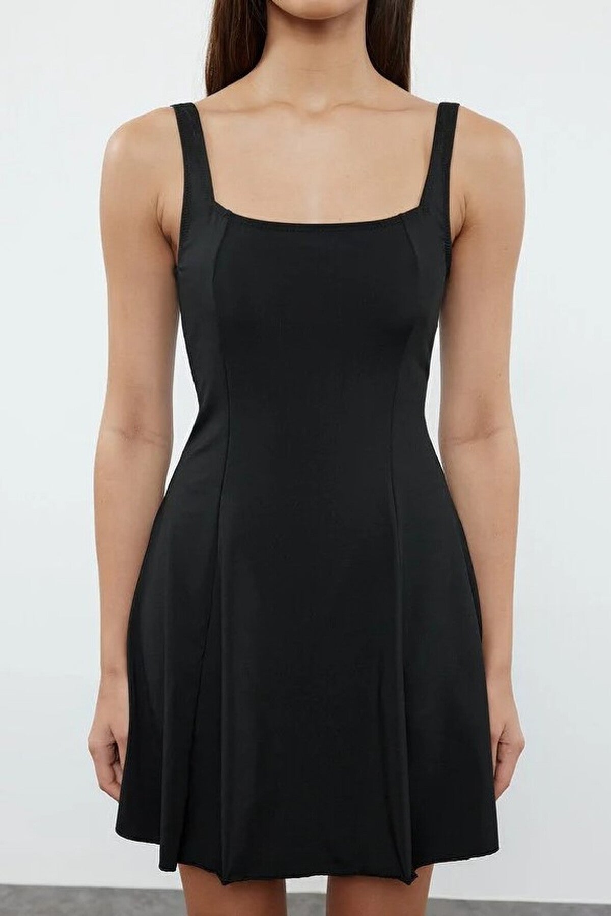 Plain Square Neck Covered Basic Skirt Swimsuit