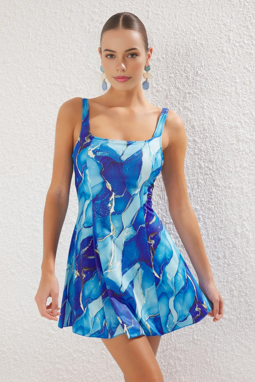 Plain Square Neck Covered Basic Skirt Swimsuit
