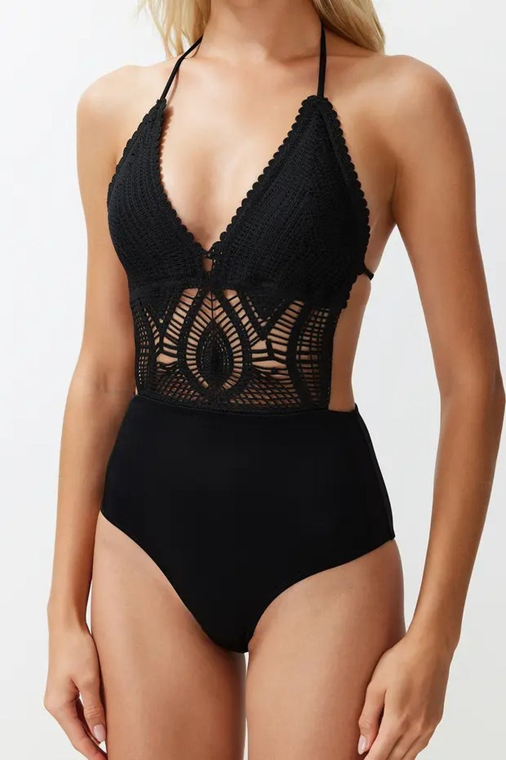Backless V-Neck Covered Hipster Swimsuit