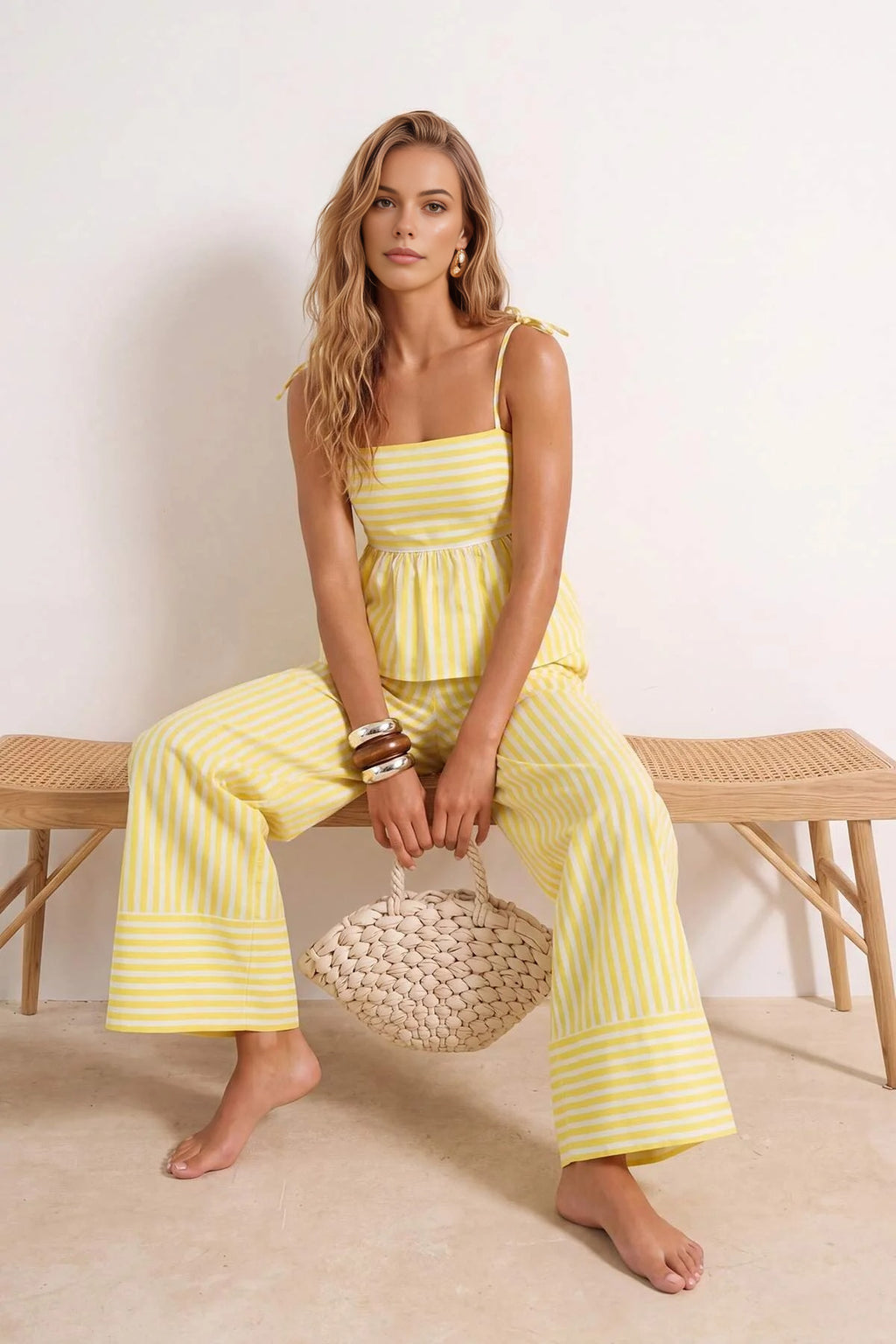 Strapless Thin Strap Blouse and Wide Leg Trousers Co-ord