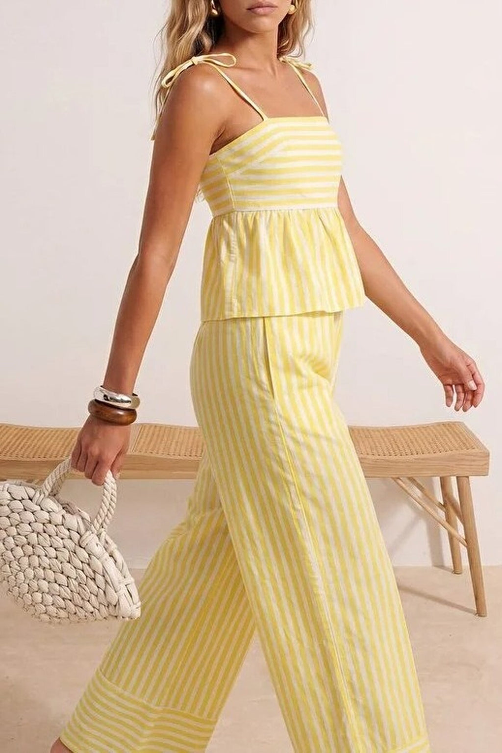 Strapless Thin Strap Blouse and Wide Leg Trousers Co-ord
