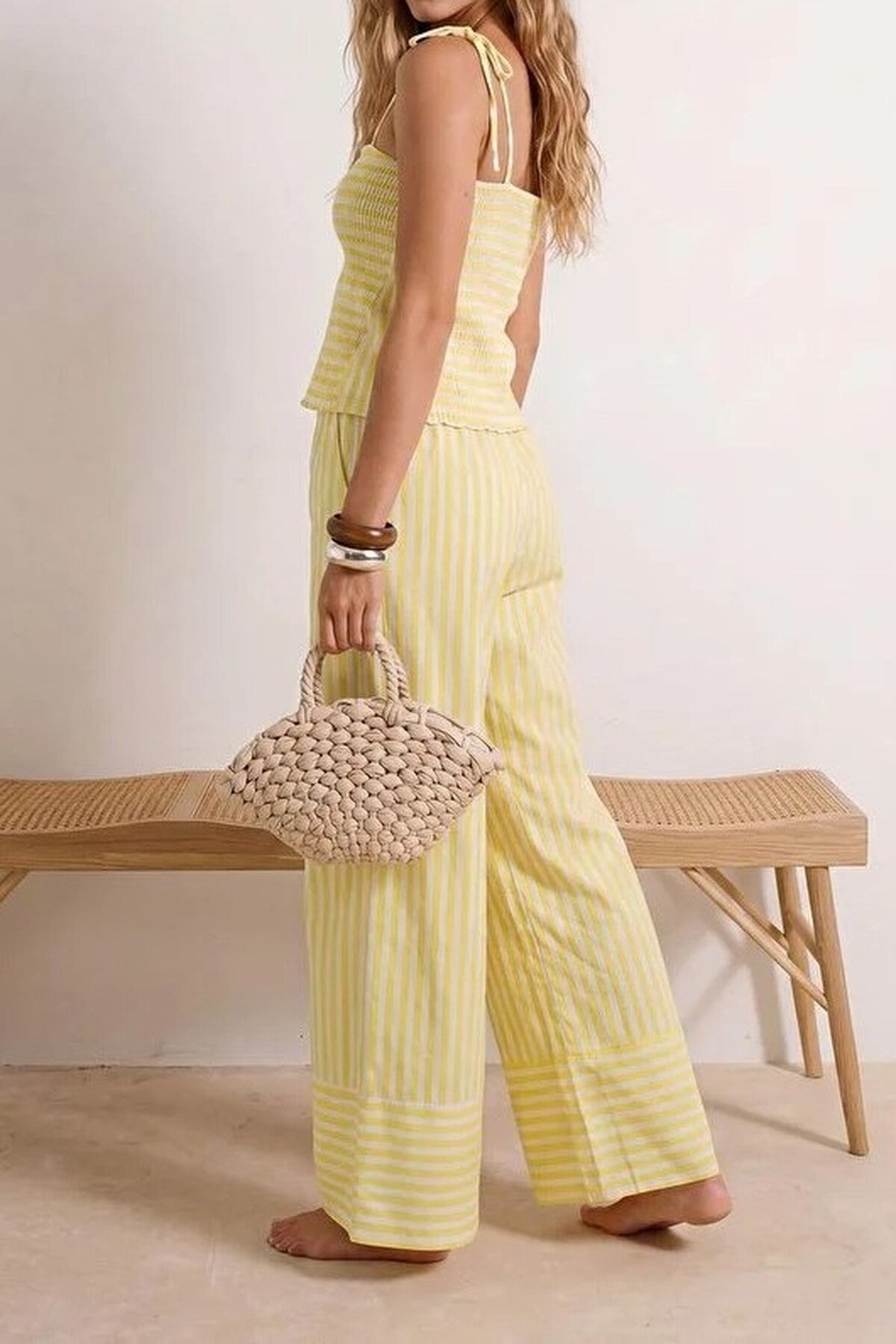 Strapless Thin Strap Blouse and Wide Leg Trousers Co-ord