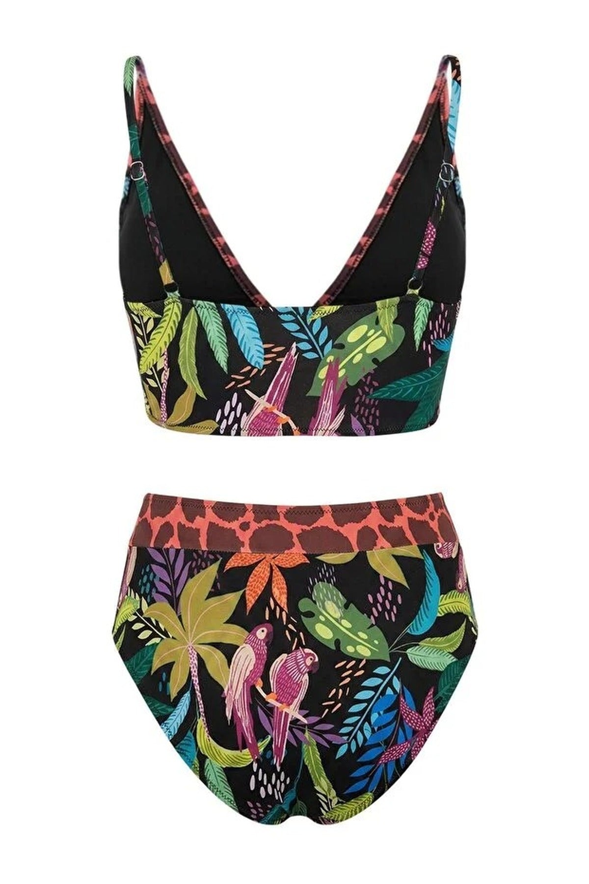 Tropical Patterned Triangle Covered Hipster High Waist Bikini Set
