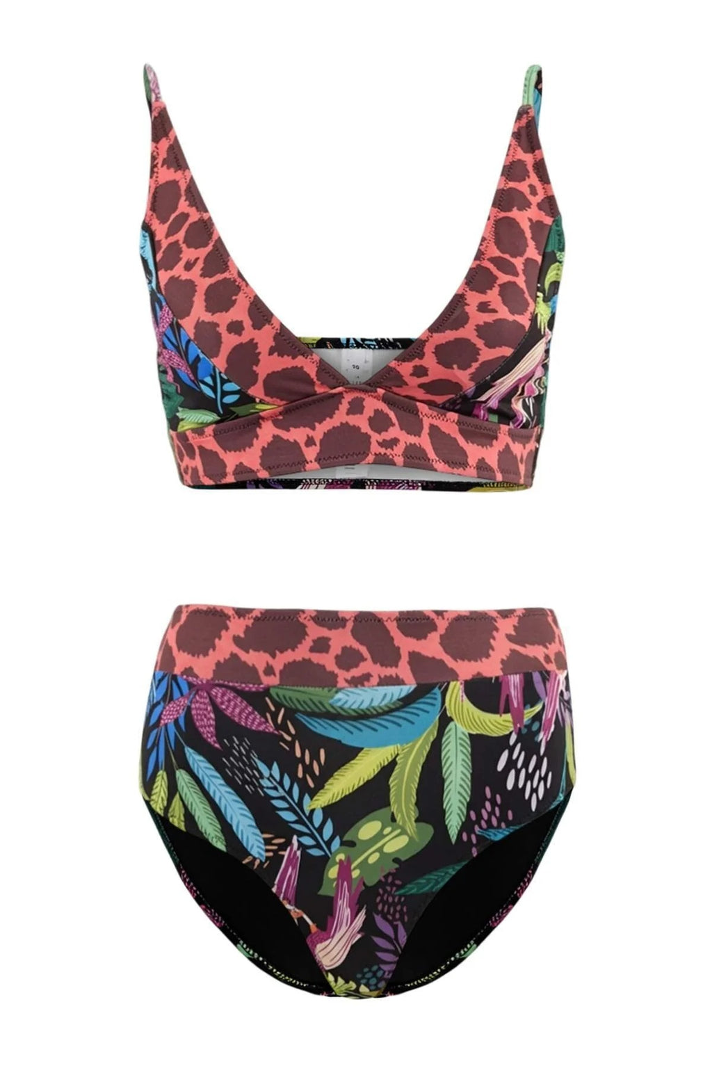 Tropical Patterned Triangle Covered Hipster High Waist Bikini Set
