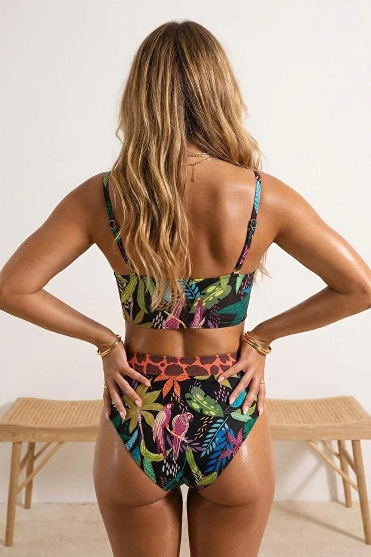 Tropical Patterned Triangle Covered Hipster High Waist Bikini Set
