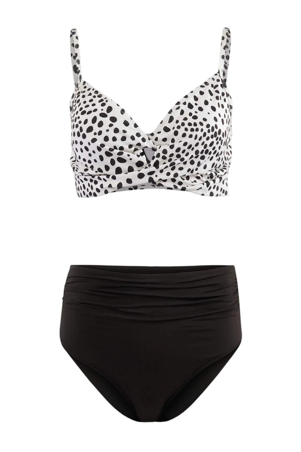 Polka Dot Draped Triangle Covered Hipster High Waist Bikini Set
