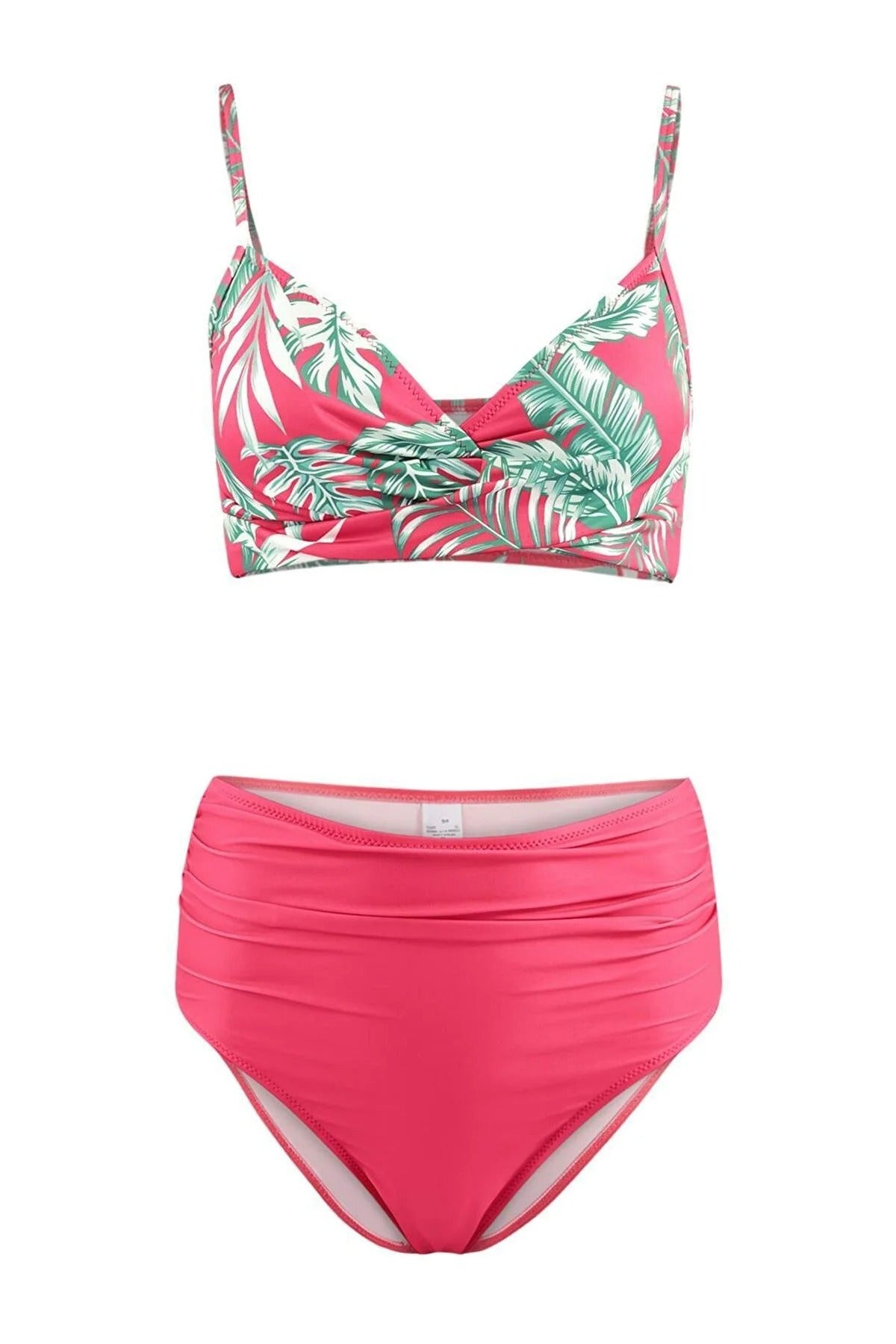 Tropical Patterned Draped Triangle Covered Hipster High Waist Bikini Set