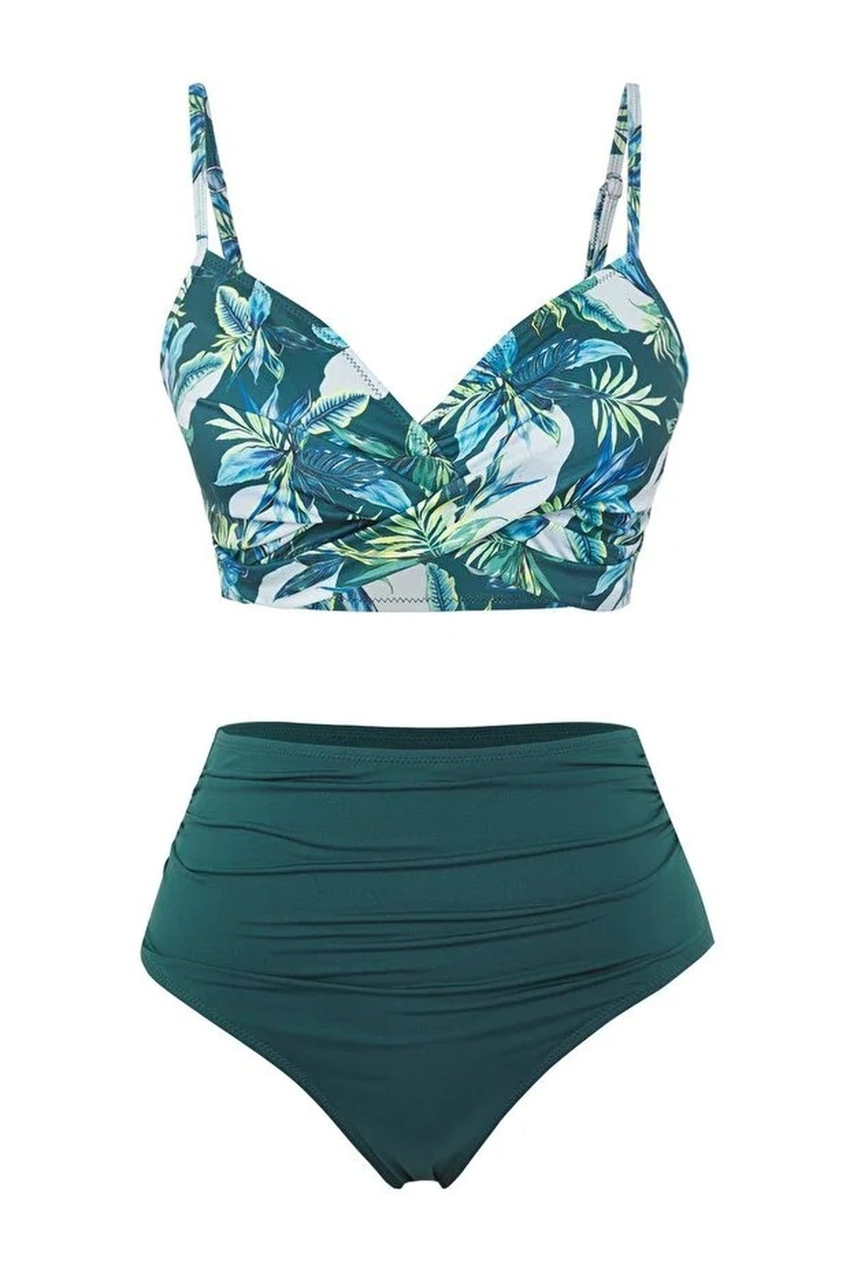 Tropical Patterned Draped Triangle Covered Hipster High Waist Bikini Set