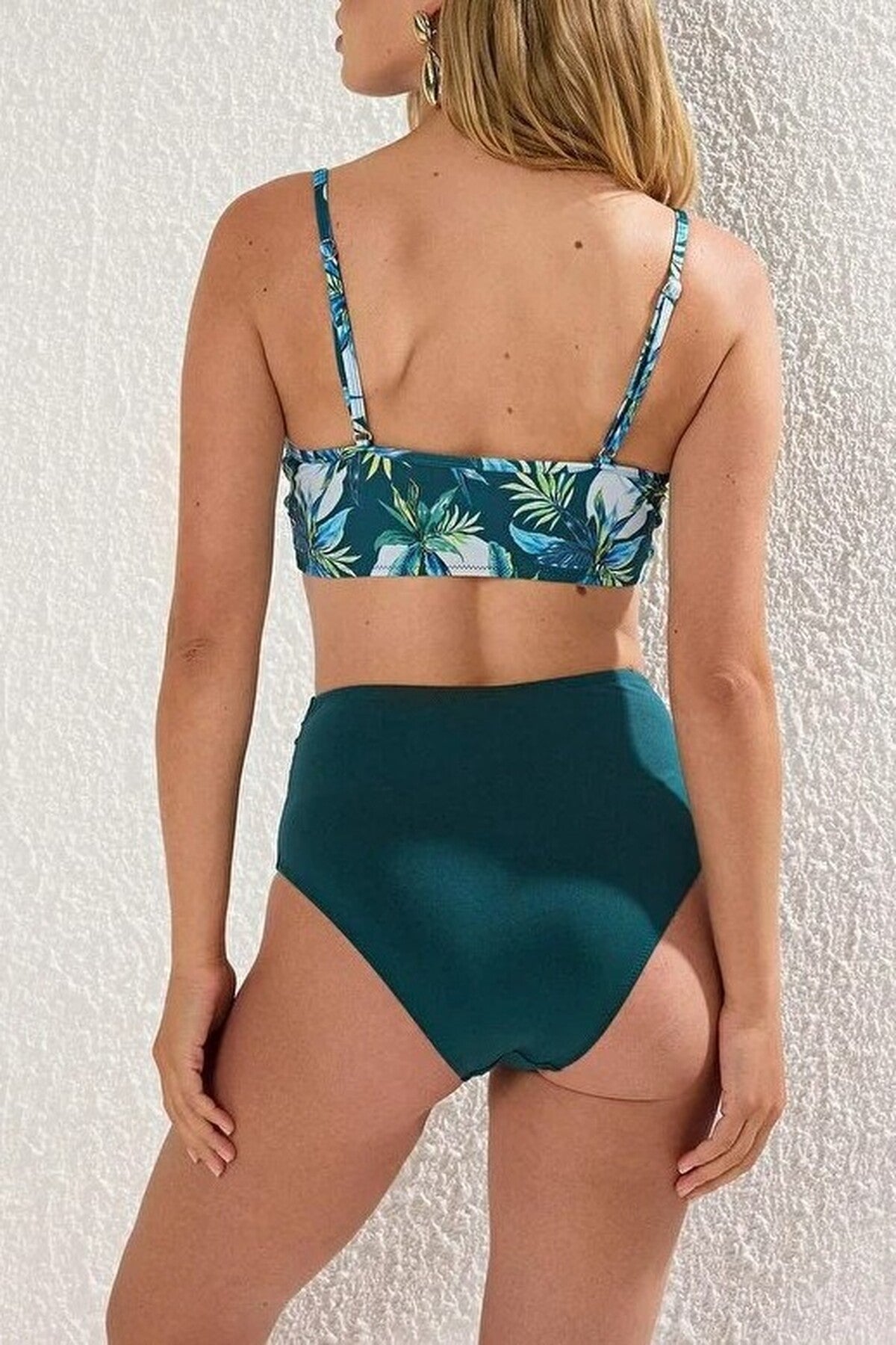 Tropical Patterned Draped Triangle Covered Hipster High Waist Bikini Set