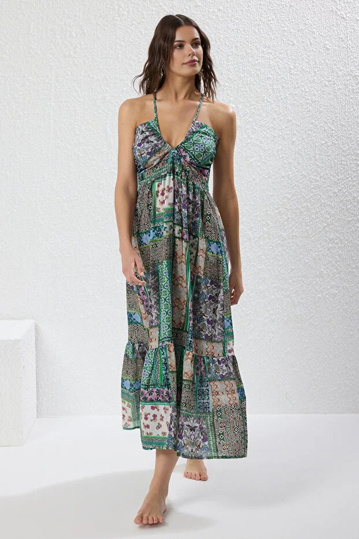 Ethnic Patterned Woven Cut-out 100% Cotton Maxi Beach Dress