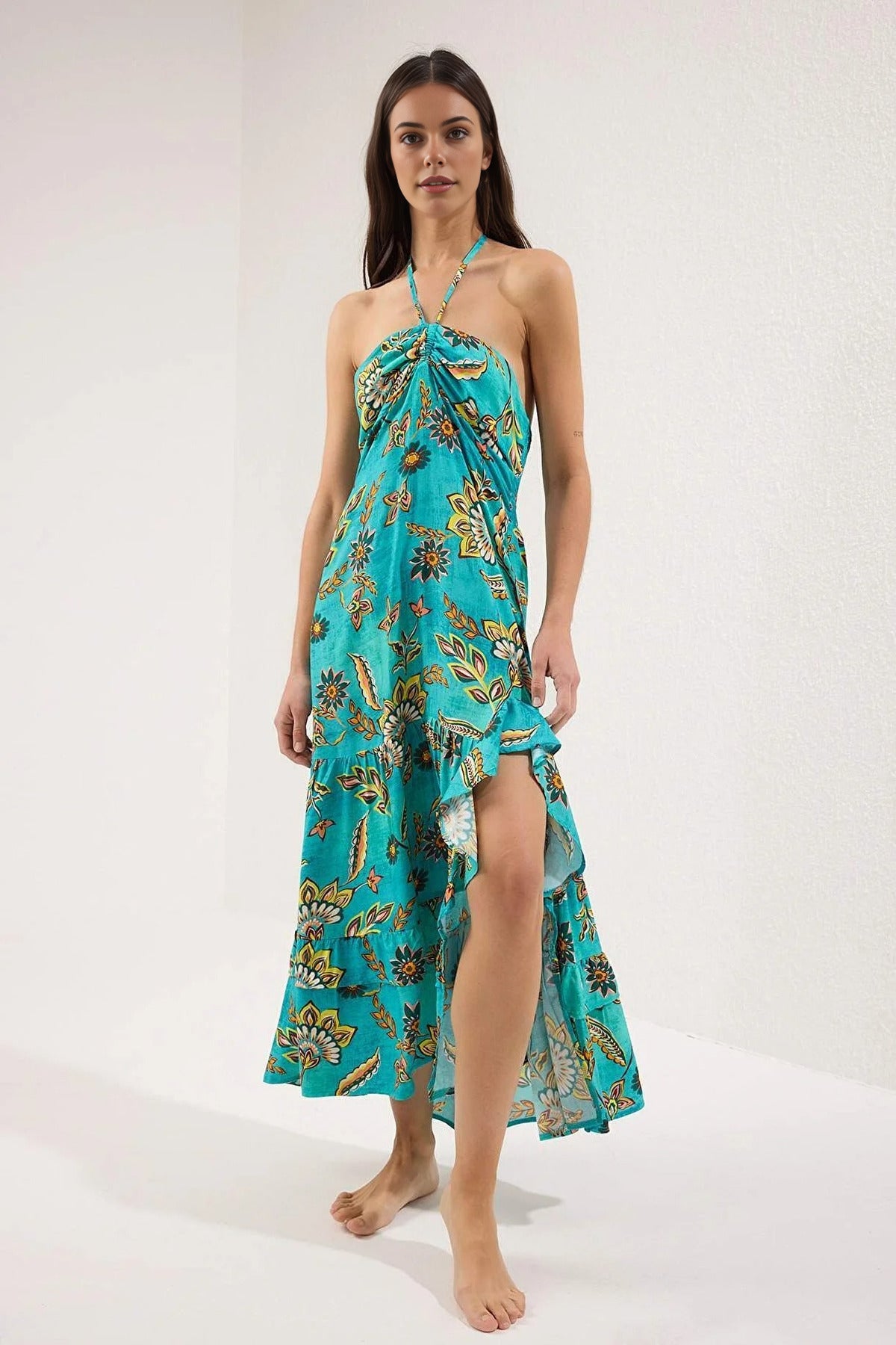 Patterned Woven Ruffled Maxi Beach Dress