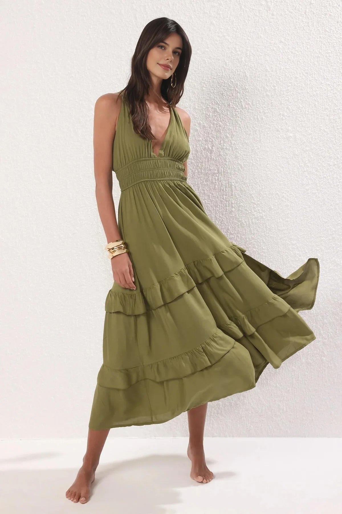 Woven Ruched Maxi Beach Dress
