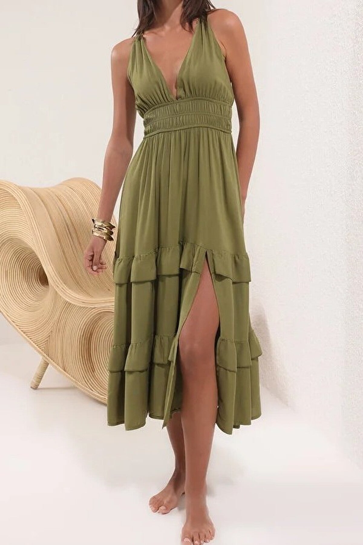 Woven Ruched Maxi Beach Dress