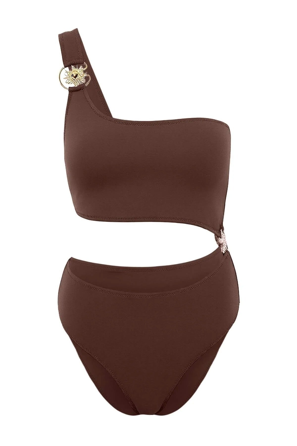 One-Shoulder Premium Cut-Out Detail Regular Swimsuit with Sun Accessory