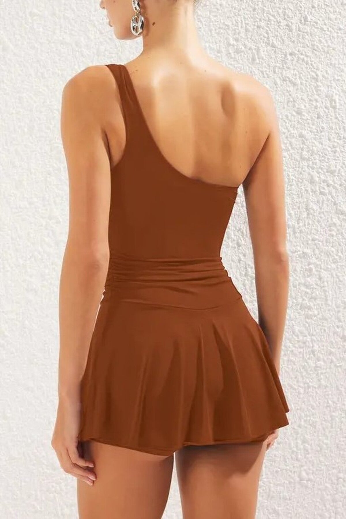 One-Shoulder Covered Short Skirt Basic Swimsuit