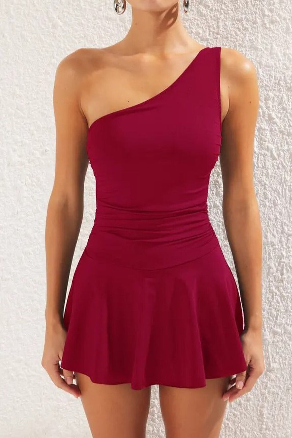 One-Shoulder Covered Short Skirt Basic Swimsuit
