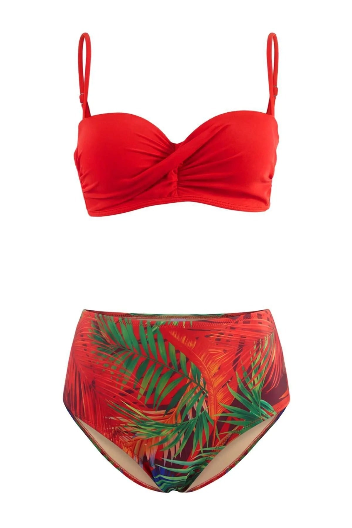 Tropical Patterned Draped Balconette High Waist Regular Padded Bikini Set