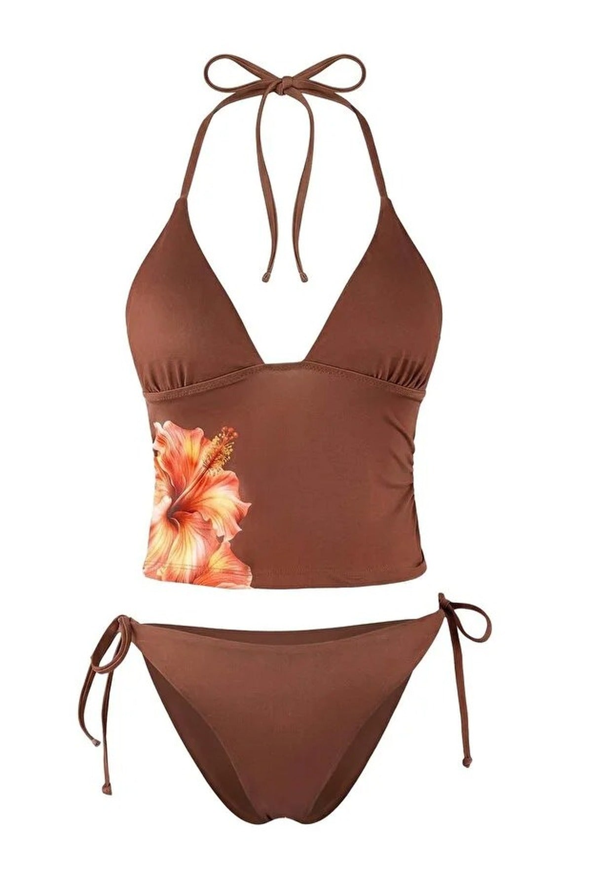 Floral Patterned Tie-Up Tankini Covered Regular Waist Brazilian Bikini Set