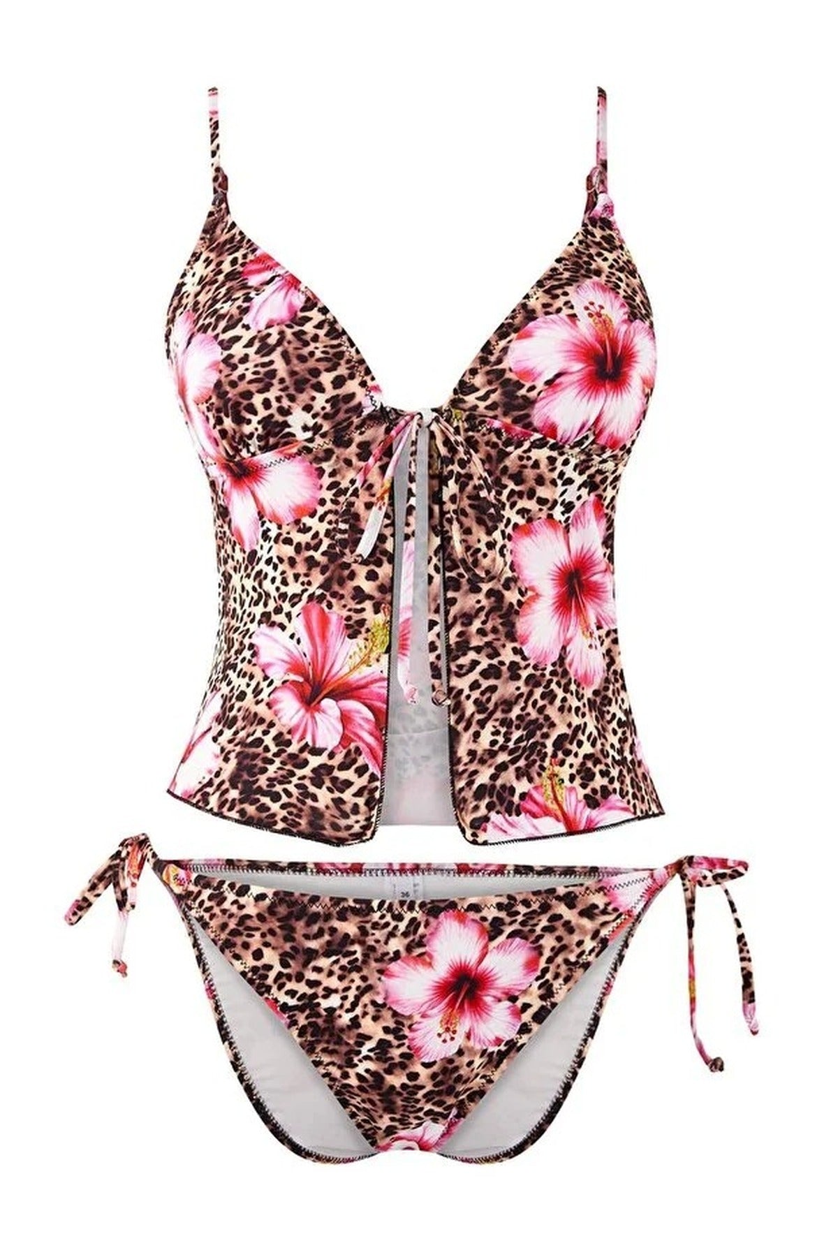 Floral Patterned Tie-Detail Tankini Padded Regular Bikini Set