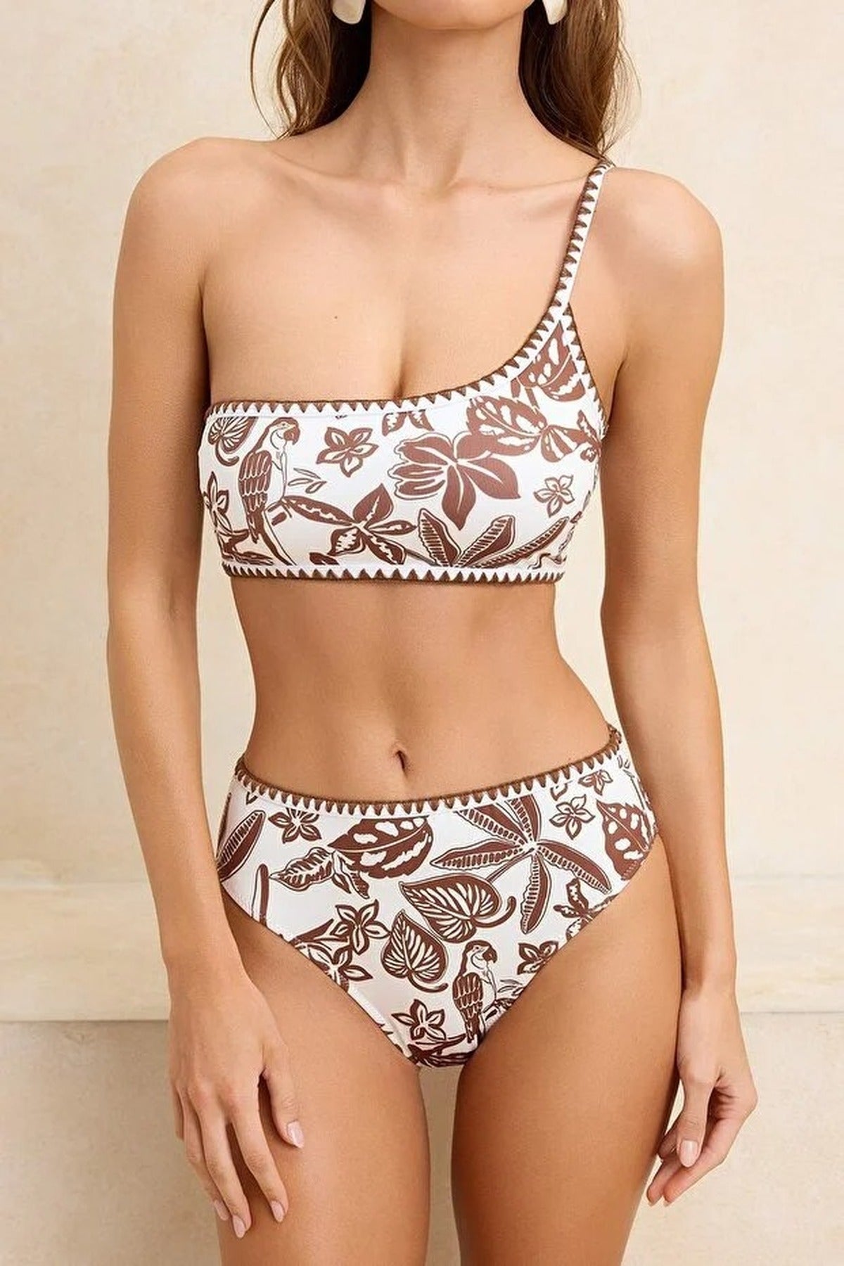 Tropical Pattern Embroidered One-Shoulder Covered High-Waisted Regular Bikini Set