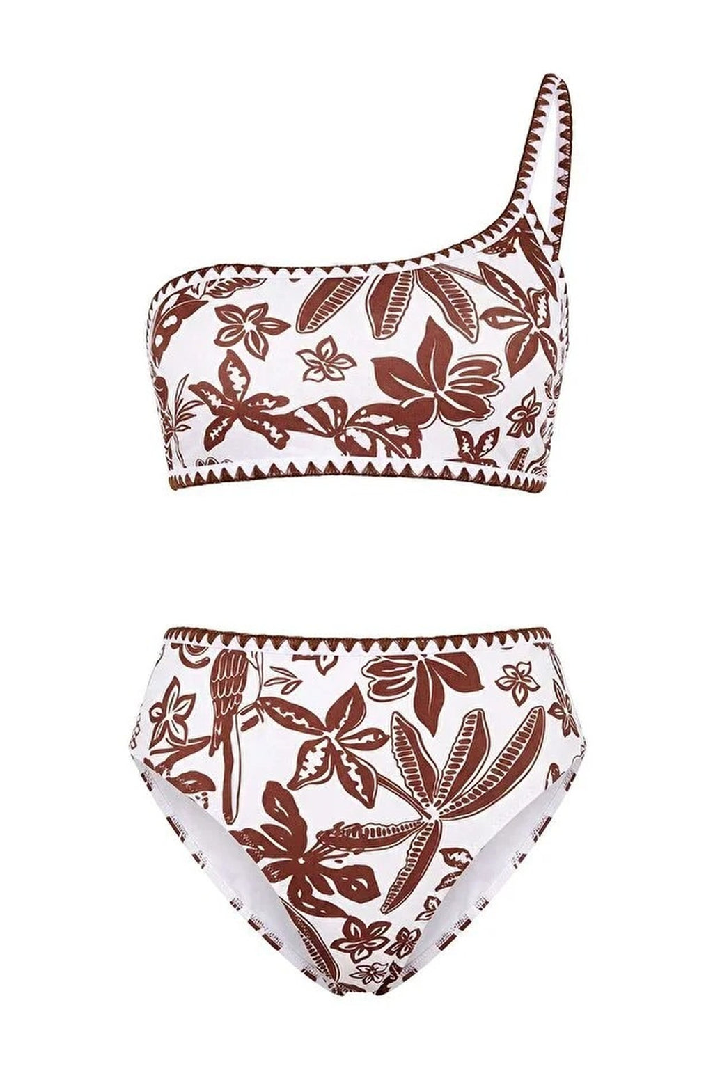 Tropical Pattern Embroidered One-Shoulder Covered High-Waisted Regular Bikini Set