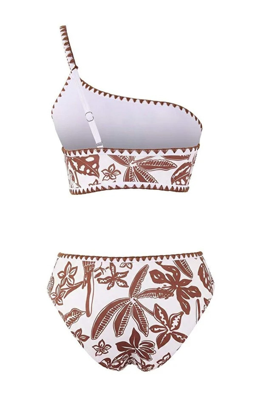 Tropical Pattern Embroidered One-Shoulder Covered High-Waisted Regular Bikini Set