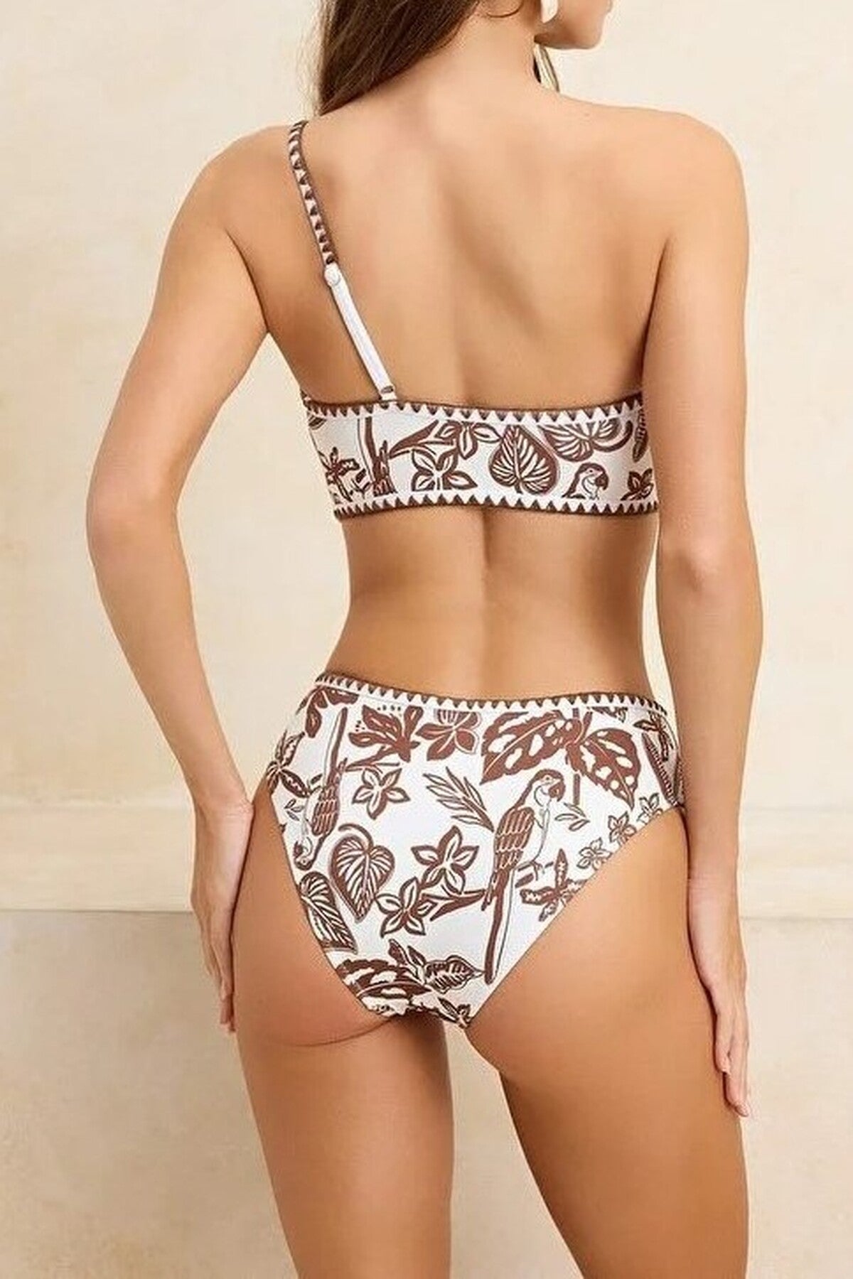 Tropical Pattern Embroidered One-Shoulder Covered High-Waisted Regular Bikini Set