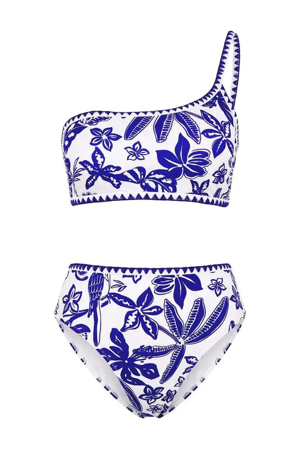 Tropical Pattern Embroidered One-Shoulder Covered High-Waisted Regular Bikini Set