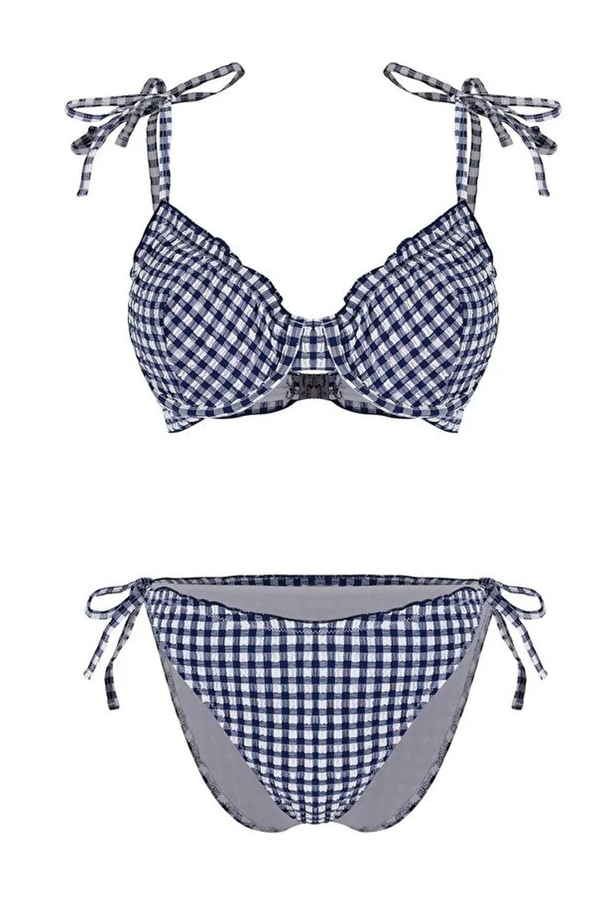 Plaid Patterned Textured Ruffled Balconette Padded Regular Waist Bikini Set