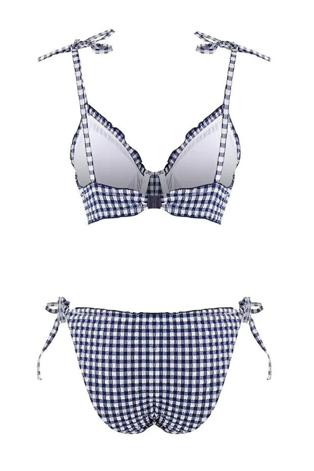 Plaid Patterned Textured Ruffled Balconette Padded Regular Waist Bikini Set