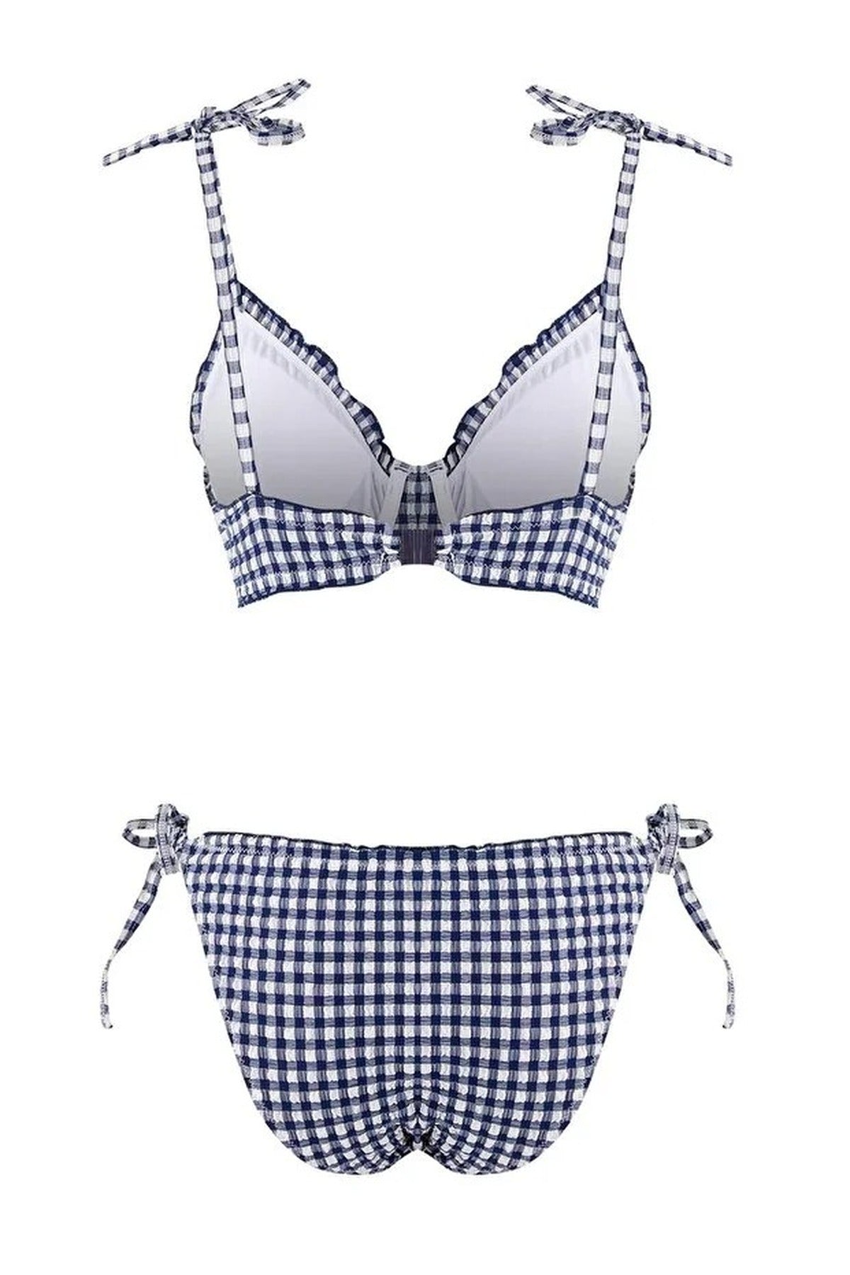 Plaid Patterned Textured Ruffled Balconette Padded Regular Waist Bikini Set