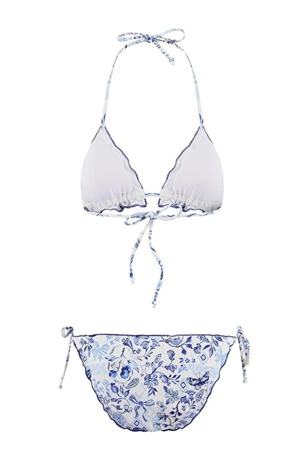 Floral Patterned Triangle Covered Ruffled Low Waist Regular Bikini Set