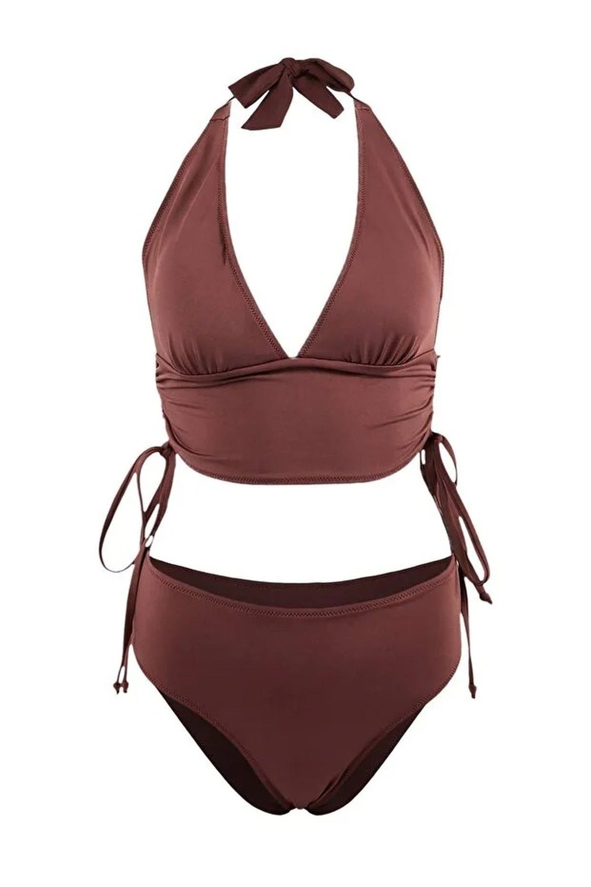 2-Piece Triangle Covered Draped Adjustable High Waist Regular Bikini Set