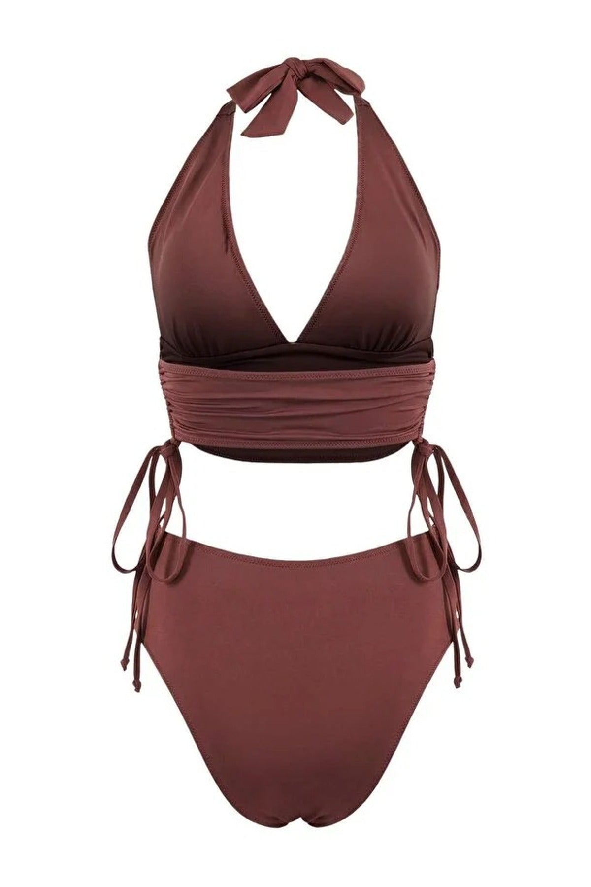 2-Piece Triangle Covered Draped Adjustable High Waist Regular Bikini Set