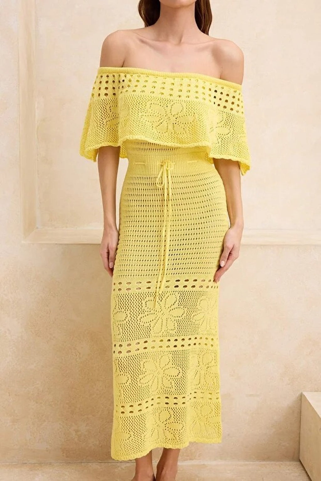 Knitted Maxi Carmen Neck Beach Dress