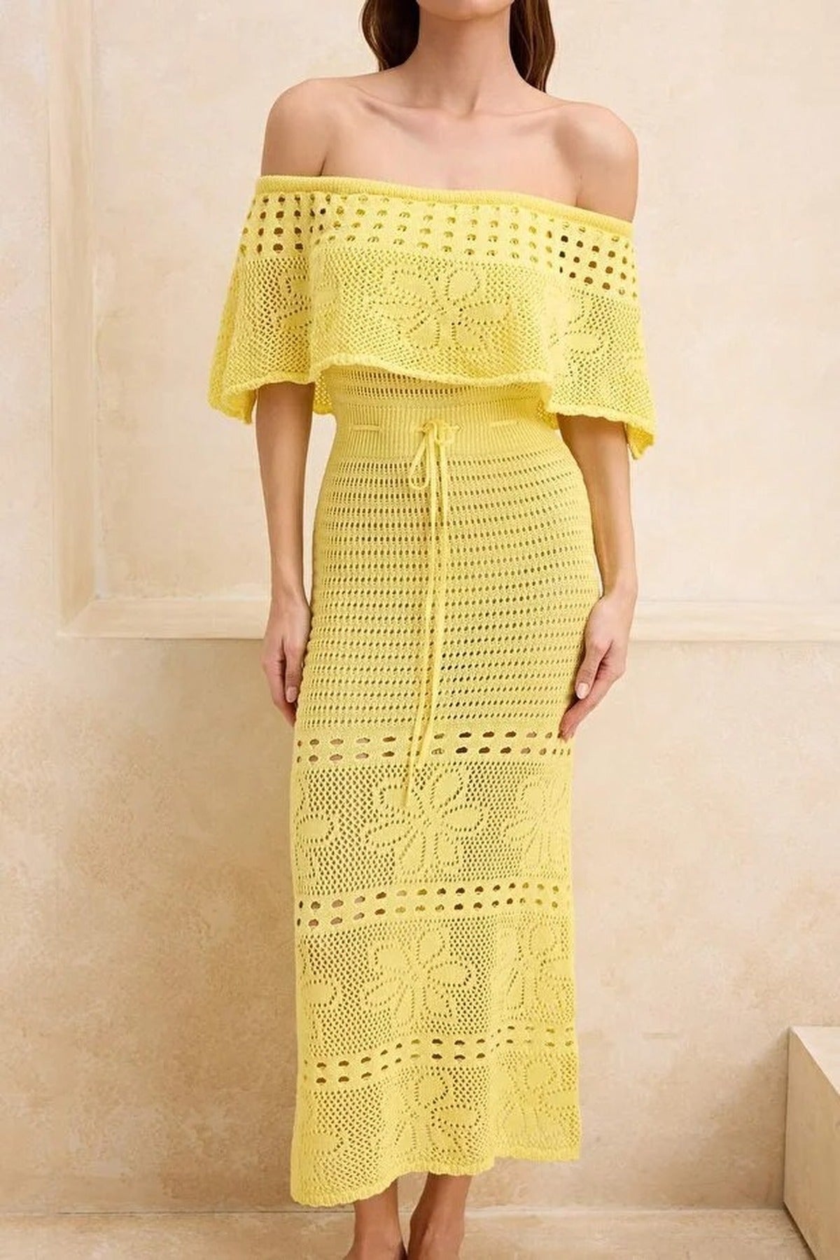 Knitted Maxi Carmen Neck Beach Dress