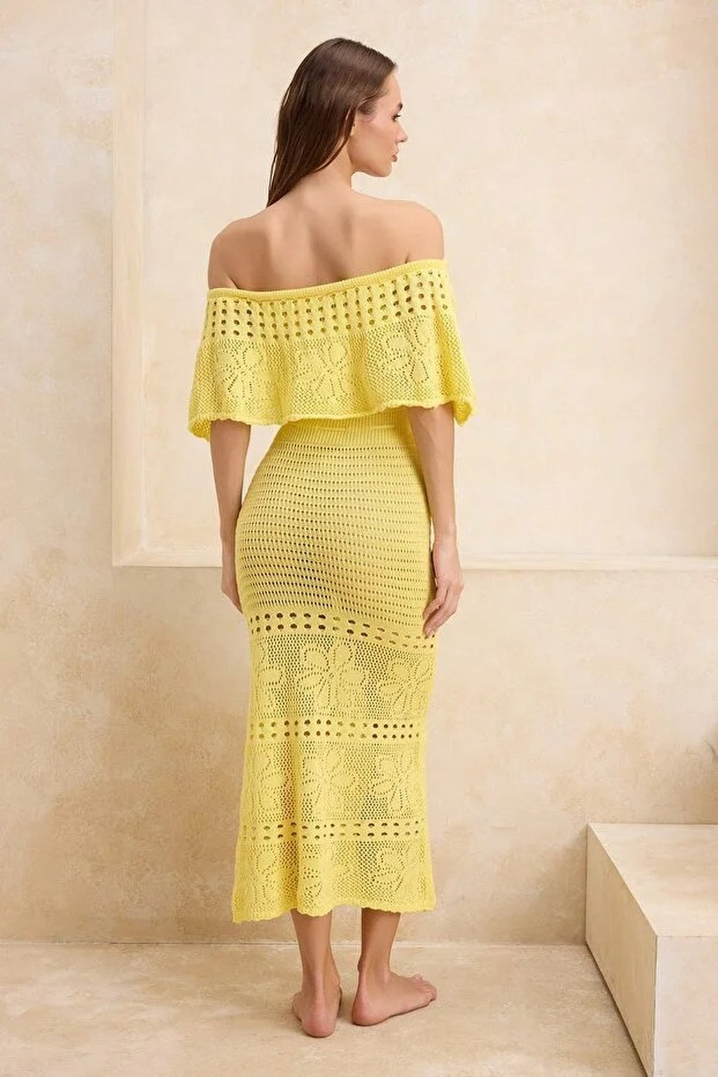 Knitted Maxi Carmen Neck Beach Dress