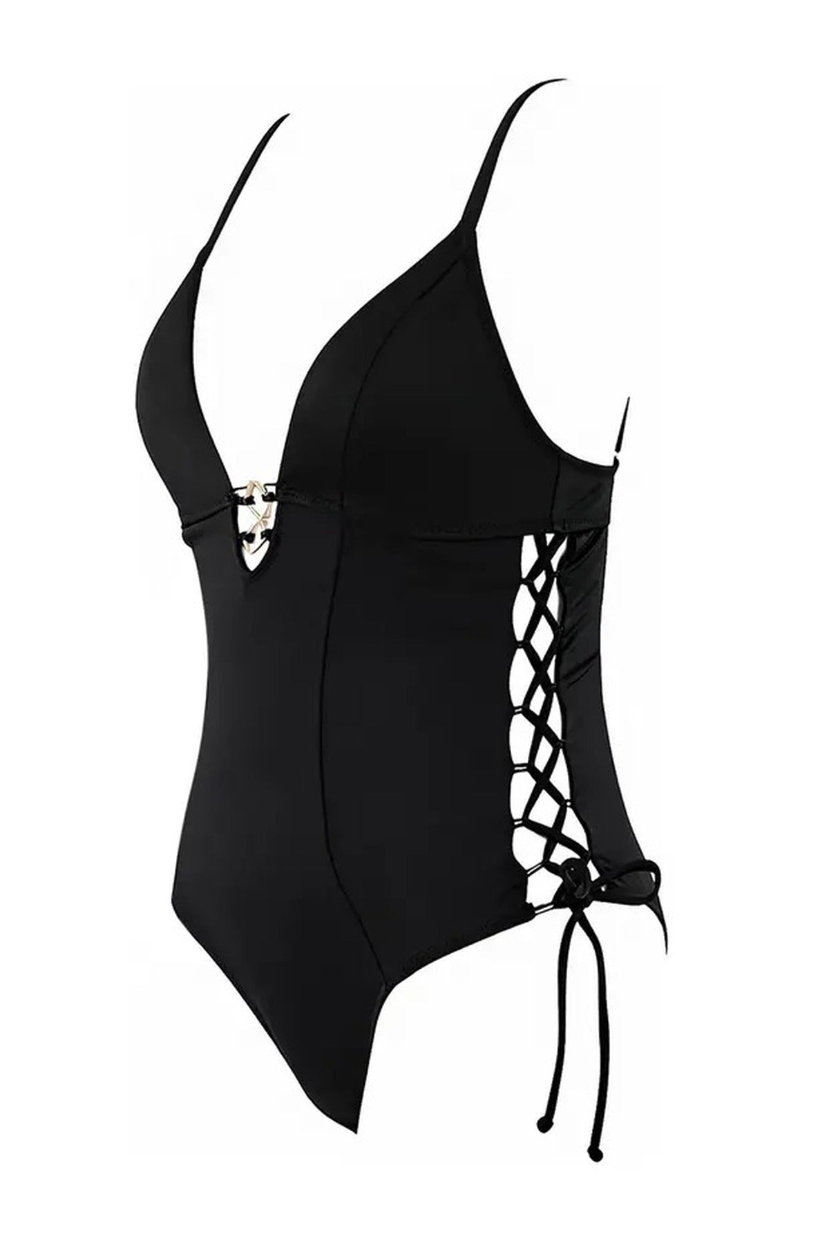 Deep V-Neck Padded Regular Swimsuit with Accessory and Tie Detail