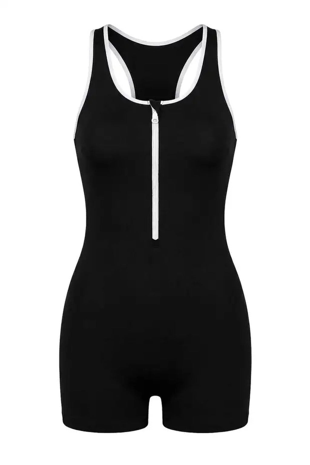 Zipper Detail Color Blocking Halter Neck Swimsuit with Covered Shorts