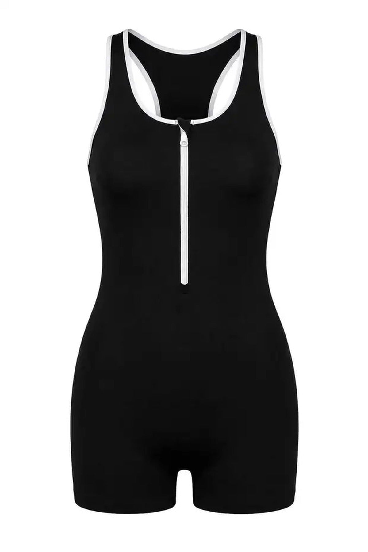 Zipper Detail Color Blocking Halter Neck Swimsuit with Covered Shorts