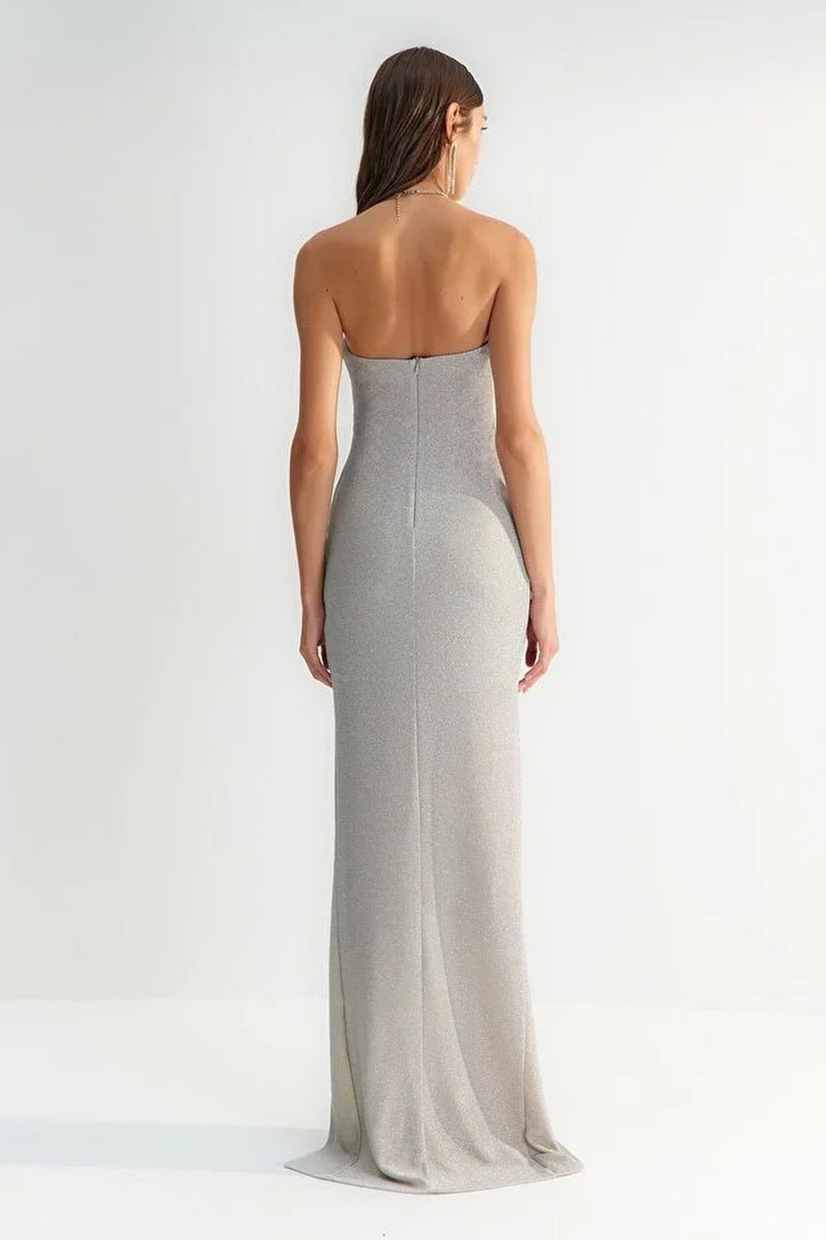 Body Lined Evening Dress with Chain Detail